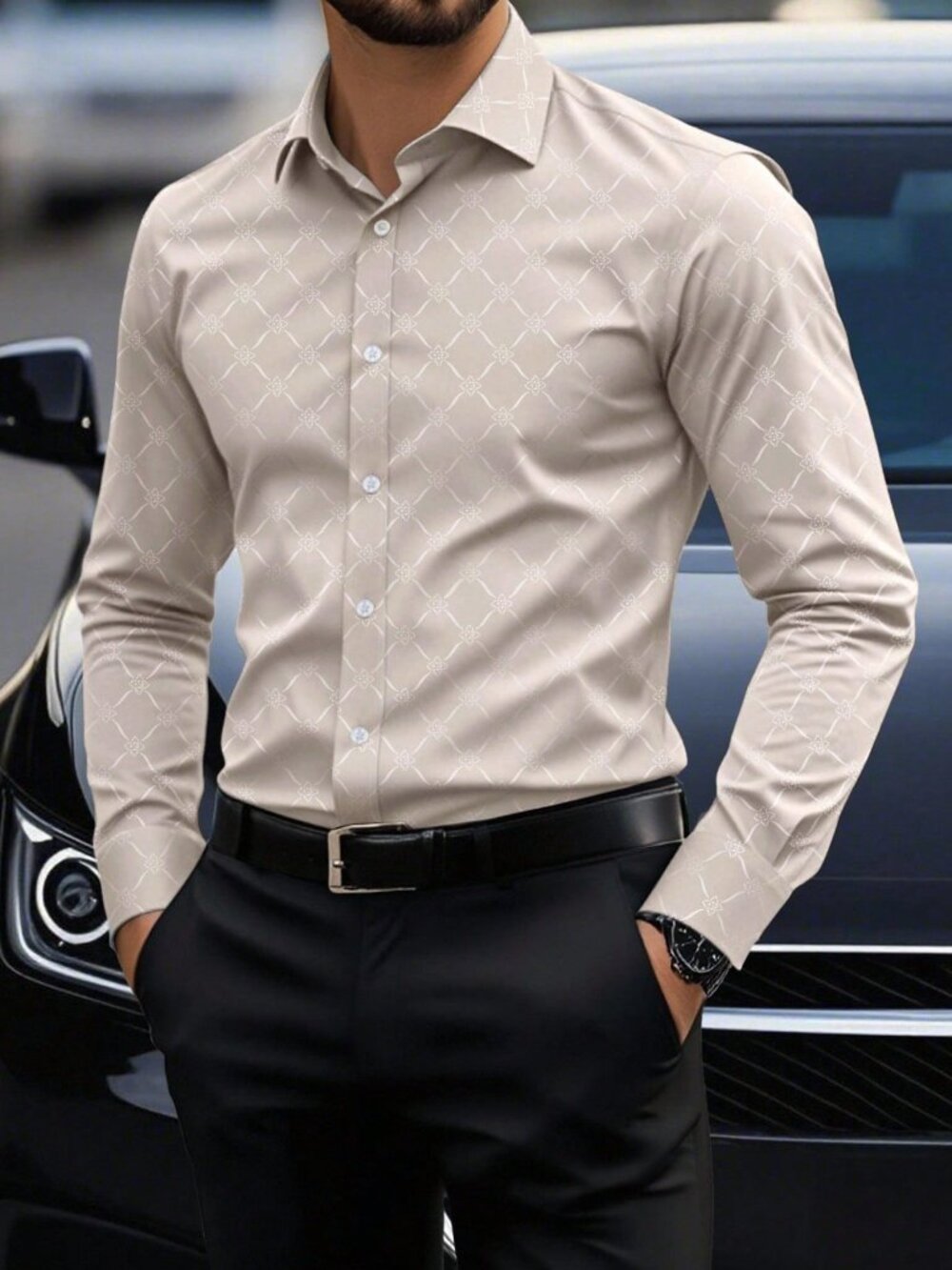 Apricot Plaid Men's Single Breasted Button Front Regular Fit Long Sleeve Shirt